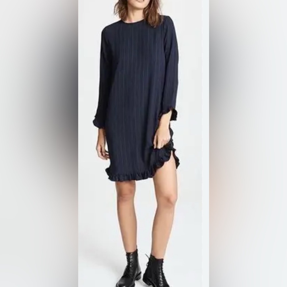 Ganni Clark Dress Long Sleeve Ruffle Hem Stripe Navy Blue size 38